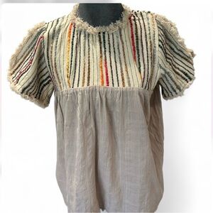 THML Beige Multicolor Striped Fringe Blouse